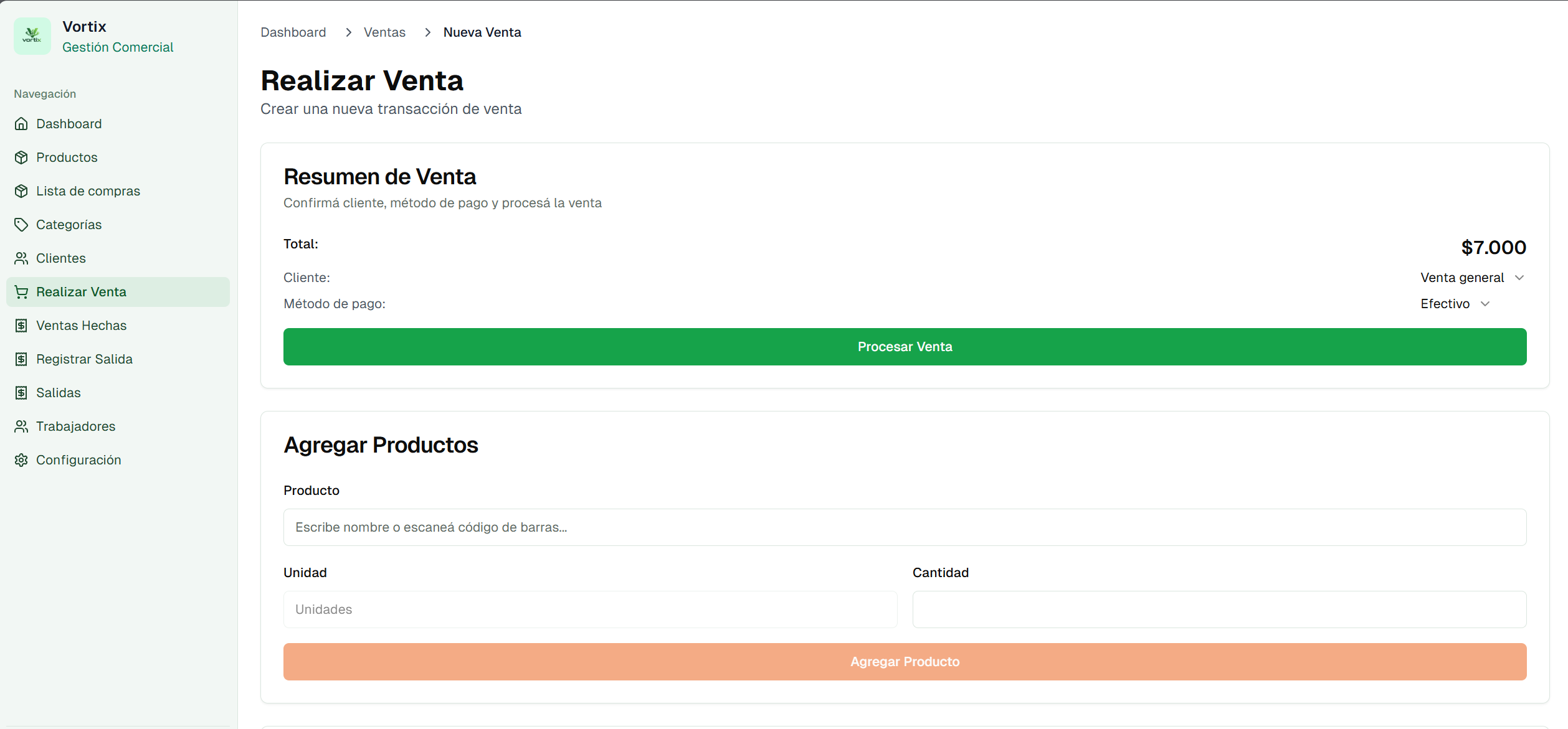 Pantalla para realizar venta en Vortix